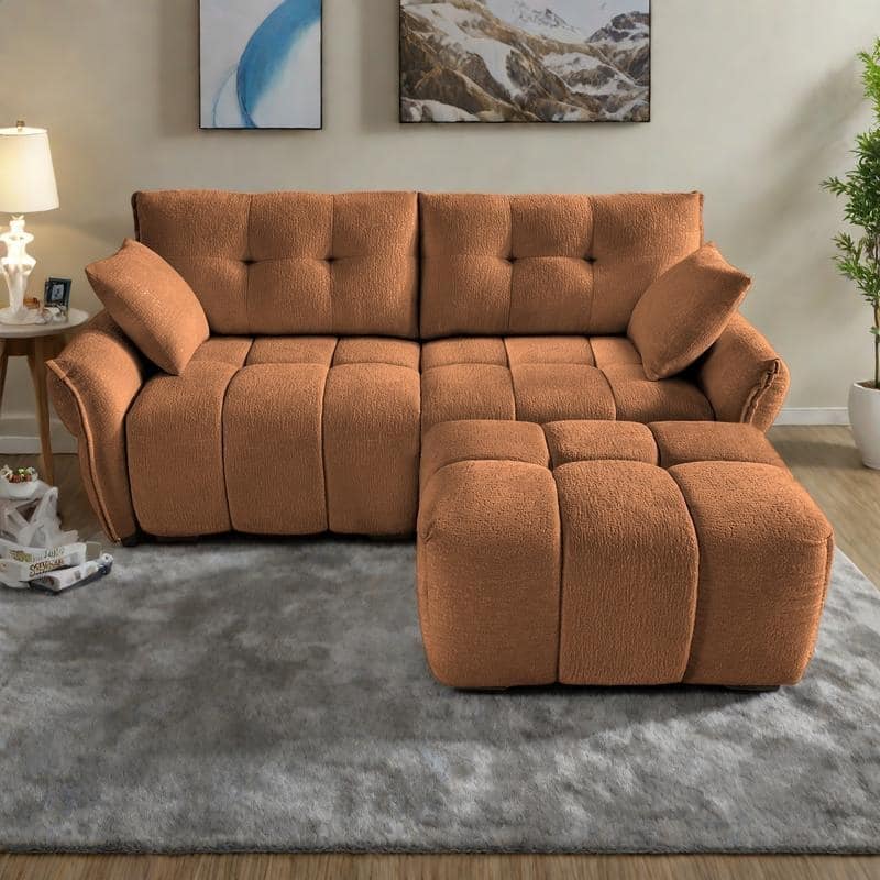 78.7" Chenille 2-Seater Sofa with Ottoman, Minimalist Design and High-Resilience Cushions - Orange