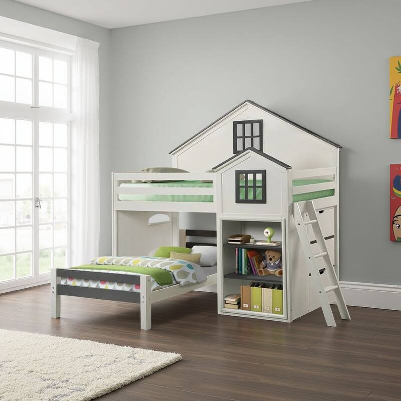 Robin Twin Size Loft Bed, House Design, Built In Bookshelf, White Gray