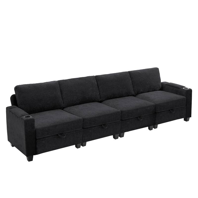Chenille Sectional Sofa, Hidden Storage & Modular Design - 4-Seater Sofa - Black