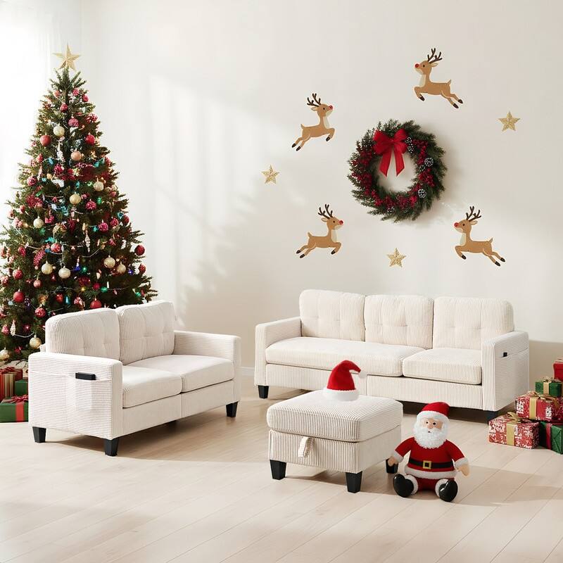 Mixoy 76'' L-Shaped Sofa Set,Corduroy Sectional Sofa,Mid Century 3-Seater Sofa with Storage Ottoman/Loveseat/Single Sofa - 3+2 - Beige