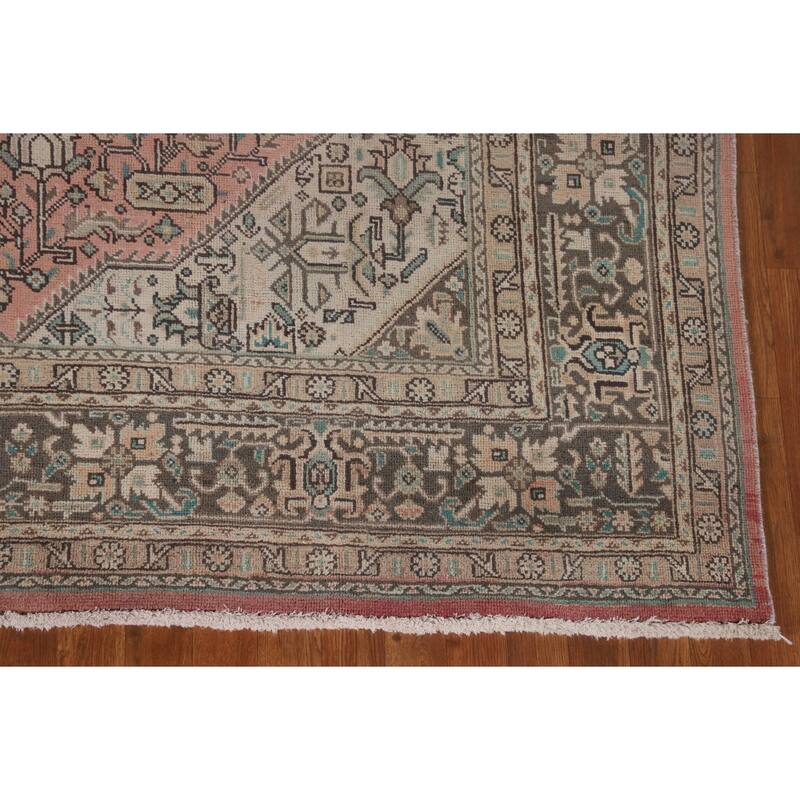 Geometric Pink Tabriz Persian Vintage Rug Hand-Knotted Wool Carpet - 7'11" x 11'2"