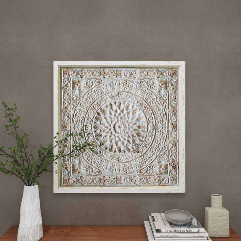 Brown Metal Embossed Mandala Scroll Floral Home Wall Decor with Gray Backing and White Wood Frame