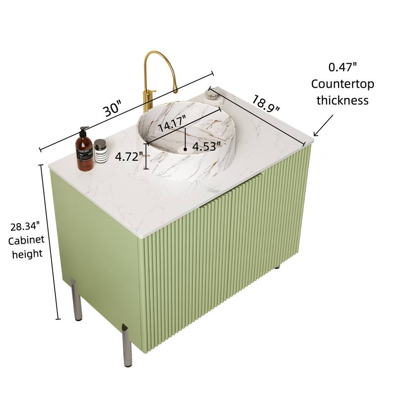 Stylish Striped Double Doors Storage Cabinet Bathroom Vanity with Round Stone Pattern Ceramic Basin and Carrara White Countertop
