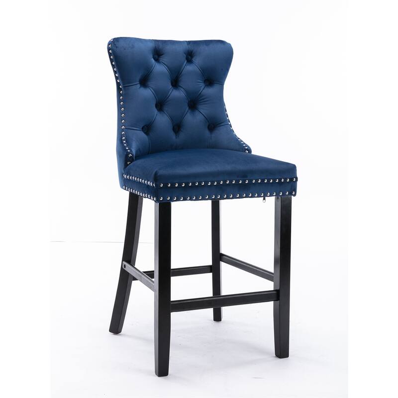 Set of 2 Contemporary Velvet Bar Stools with Button Tufting, Wood Legs & Chrome Nailhead Trim - Leisure Style Bar Chairs - Blue