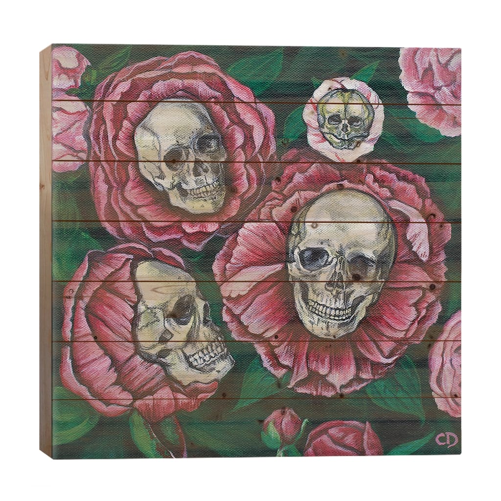 Peony Skulls Print On Wood by Cyndi Dodes - Multi-Color