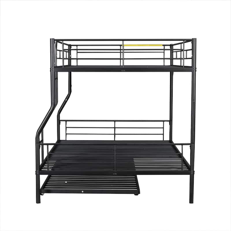 Full XL Over Queen Metal Bunk Bed with Trundle and Guardrail, Convertible to Two Beds