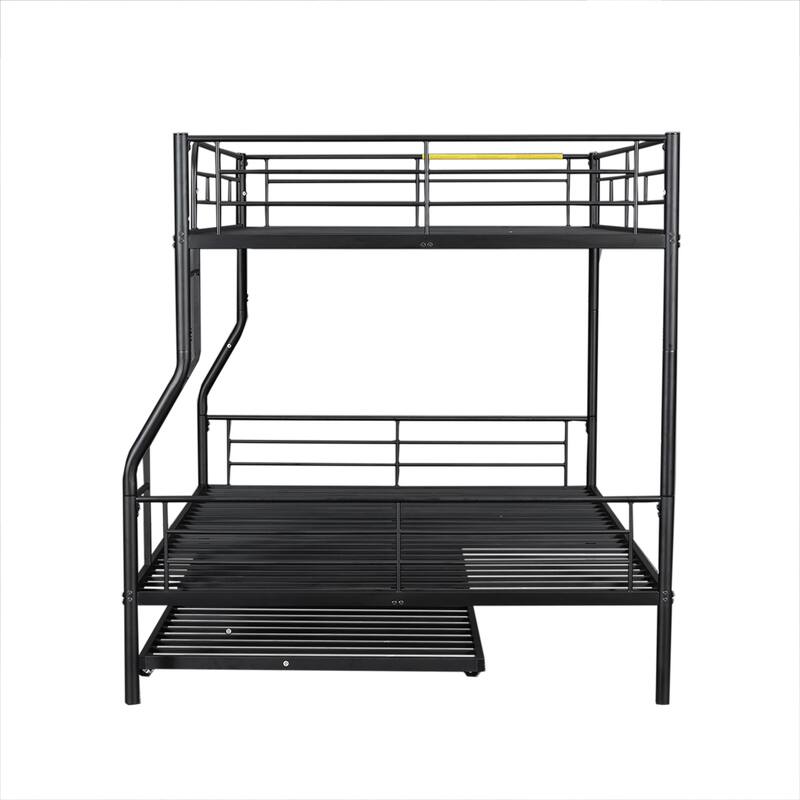 Metal Bunk Bed with Trundle and Guardrail, Convertible to Two Beds