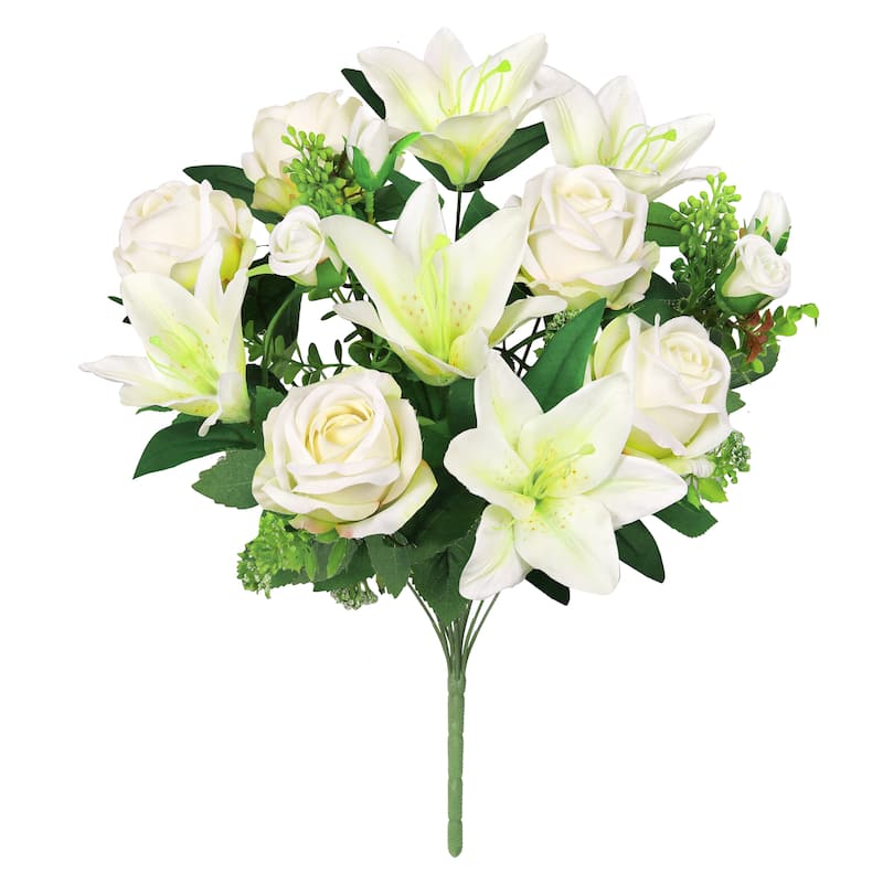 Set of 2 Cream White Artificial Mixed Rose Stargazer Lily Flower Stem Bush Bouquet 18in - 18" L x 11" W x 11" DP - Cream White - 18" L x 11" W x 11" DP