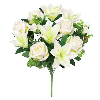 Set of 2 Cream White Artificial Mixed Rose Stargazer Lily Flower Stem Bush Bouquet 18in - 18" L x 11" W x 11" DP