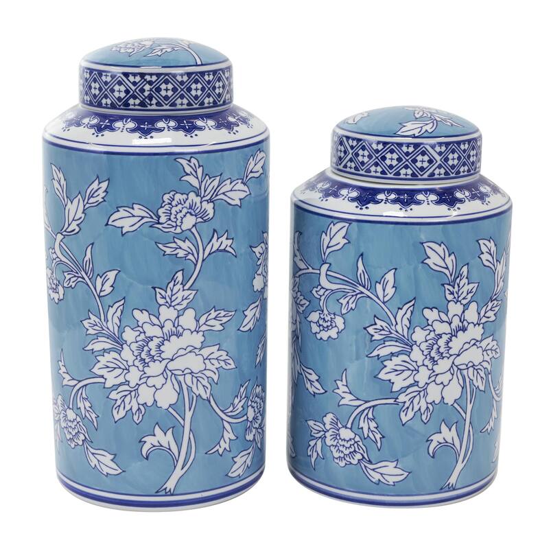 Ceramic Geometric or Floral Living Room Decorative Jars - Set of 2 White, Gold, Silver, Black, Blue - Roche River Decor