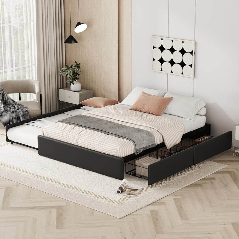 Leather Upholstered Grounded Bed Frame with 2 Drawers and Trundle Bed