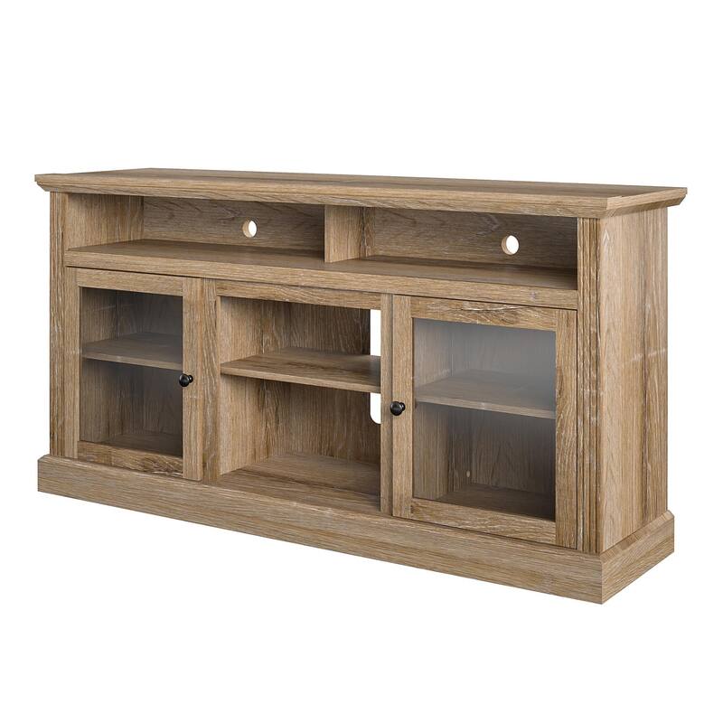 Roomfitters Chicago TV Stand for TVs up to 65 Inches with Glass Cabinet Doors, Natural Woodgrain Finish