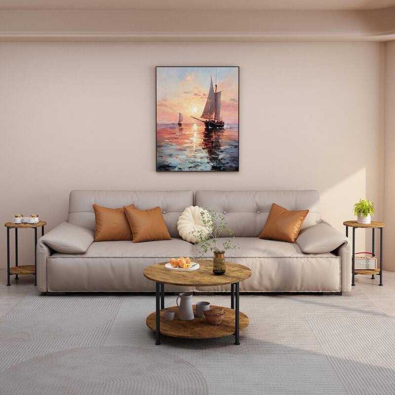 Anmytek Rustic Brown 3 Piece Coffee and End Table Set with Storage Shelves Round Modern Farmhouse Living Room Accent Table Set