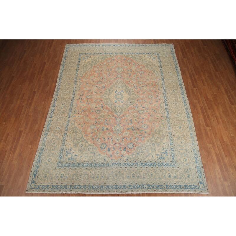 Hand Knotted Oriental 100% Wool Carpet Traditional Floral Pink Mashad Area Rug - 12' 6'' X 9' 6''