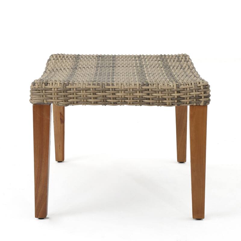 Bops Outdoor Ottoman, Gray Faux Rattan Wicker, Brown Acacia Wood