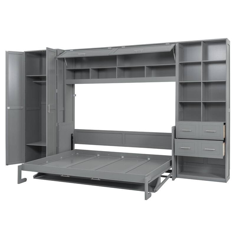 Queen Size Murphy Bed Wall Bed with Closet , Drawers and Shelves