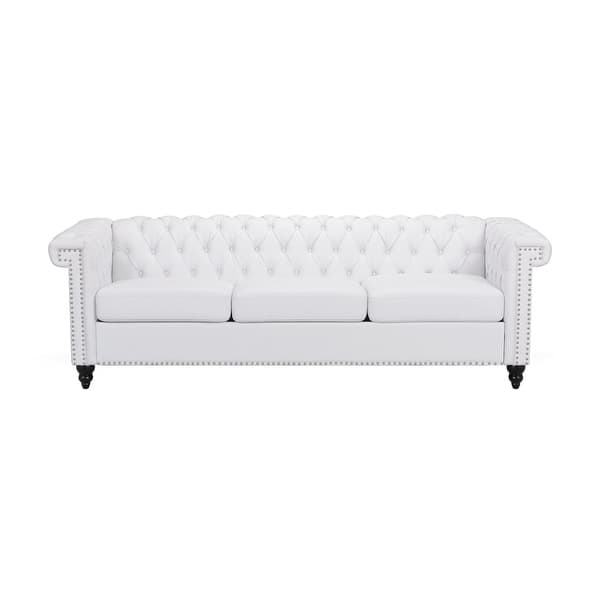 slide 2 of 11, Parkhurst Chesterfield Tufted 3-seat Sofa by Christopher Knight Home White+Faux Leather+Dark Brown