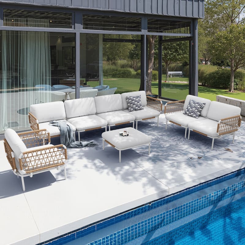 Outdoor Aluminum Cushioned Sectional Sofa Chat Set PE Rattan Patio Conversation Seating Set