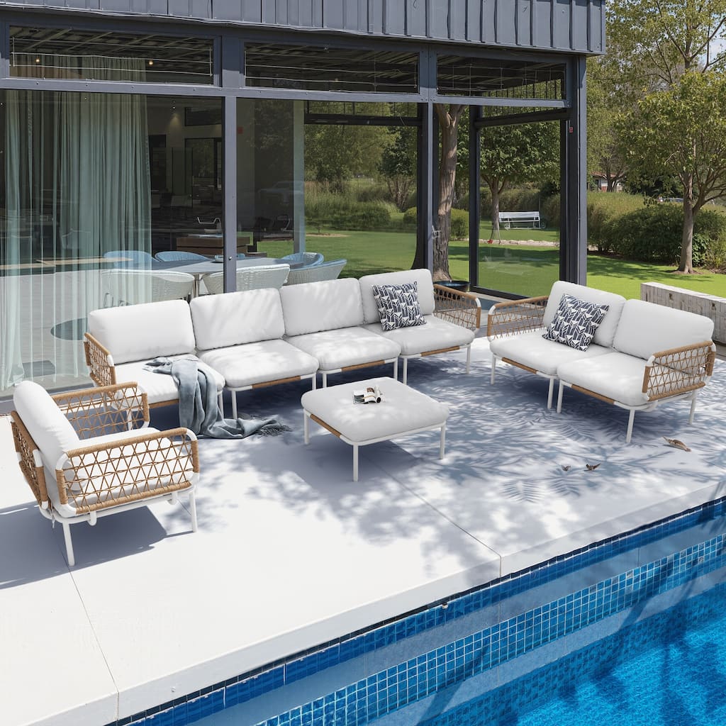 Outdoor Aluminum Cushioned Sectional Sofa Chat Set PE Rattan Patio Conversation Seating Set