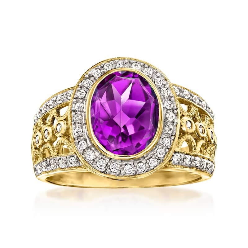 18K Yellow Gold Over Sterling Silver African Amethyst, White Natural Zircon Ring