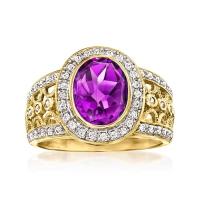 18K Yellow Gold Over Sterling Silver African Amethyst, White Natural Zircon Ring
