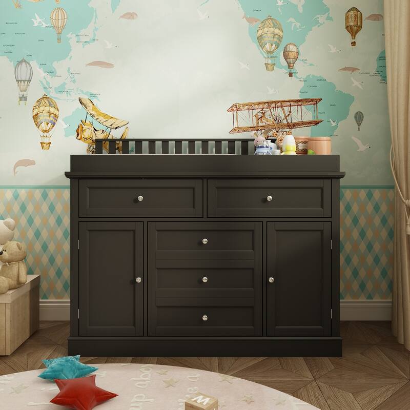 Classic White Baby Changing Table with Storage Cabinets and Drawers - Black