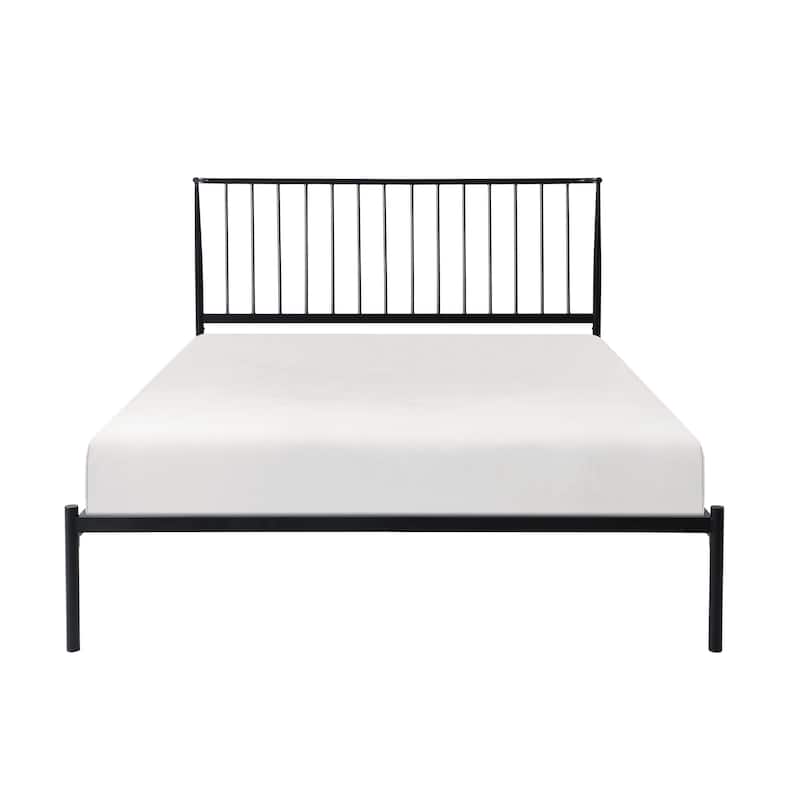Angie Queen Bed, Platform Foundation, Slatted Headboard, Black Metal Frame