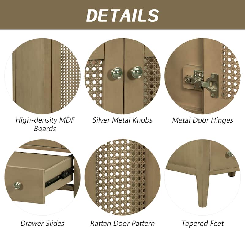 24" Bathroom Vanity with Ceramic Basin, Rattan Bathroom Storage Cabinet with 2 Doors and Drawer