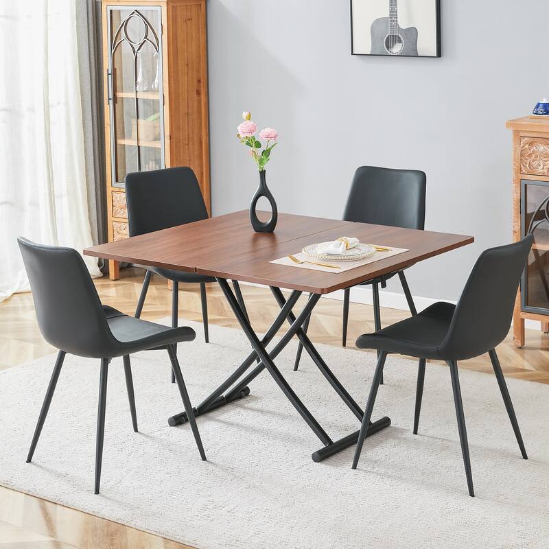 Table and chair set.Modern Multifunctional Lifting Platform, Paired with 4 Black Artificial PU Chairs - Walnut+black