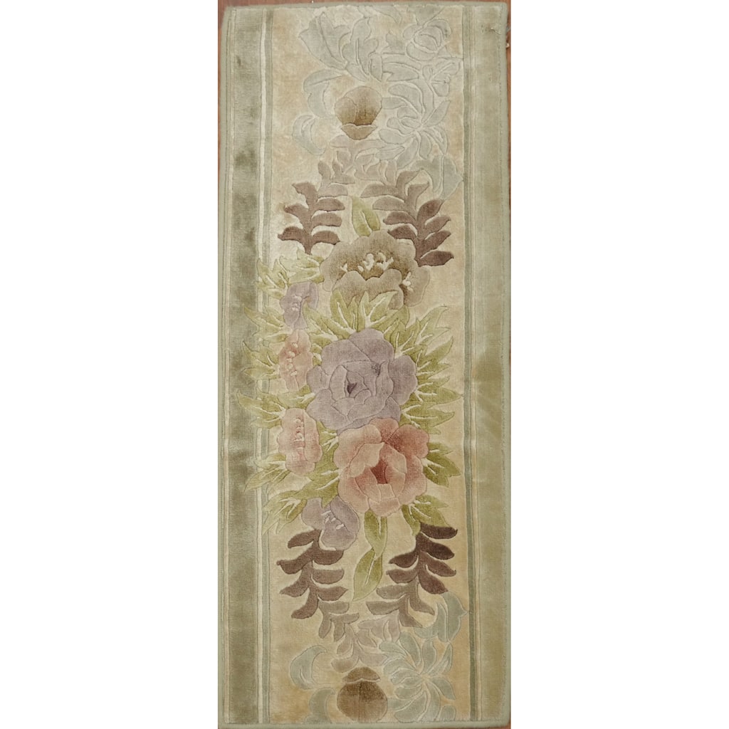 Hand Knotted Oriental 100% Silk Carpet Traditional All-Over Beige & Ivories Art Deco Area Rug - 3' 4'' X 1' 4''