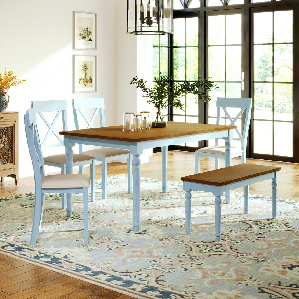 6 Piece Dining Table set with Bench,Wooden Kitchen Table Set