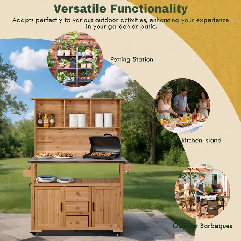 65" Outdoor Potting Bench with Stainless Steel Top, Rolling Garden Workstation with Hutch & Storage