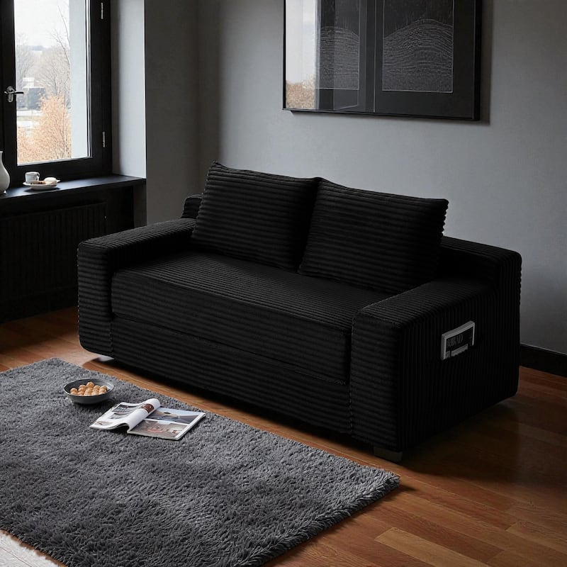 Memory Foam Cloud Loveseat, 2-in-1 Convertible Corduroy Folding Couch Bed, No-Assembly Floor Sofa with Storage Pockets - Black