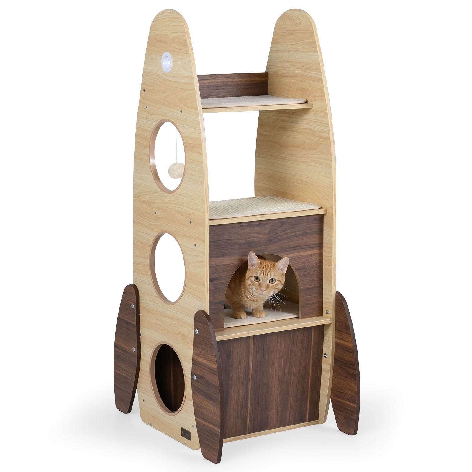 Gymax 47'' Large Wooden Cat House w/ 2-Storey Condo Top Perch & Sisal