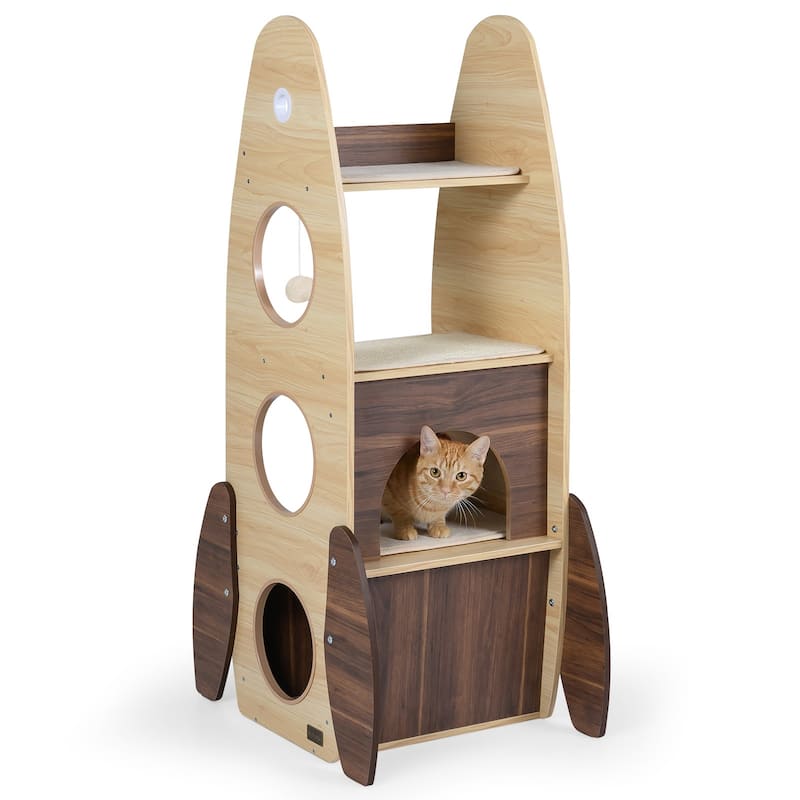 Gymax 47'' Large Wooden Cat House w/ 2-Storey Condo Top Perch & Sisal - Brown