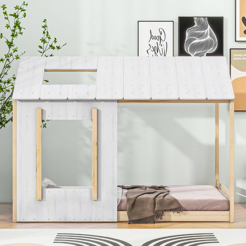 Roomfitters Twin Size House Platform Bed with Roof and Window Design