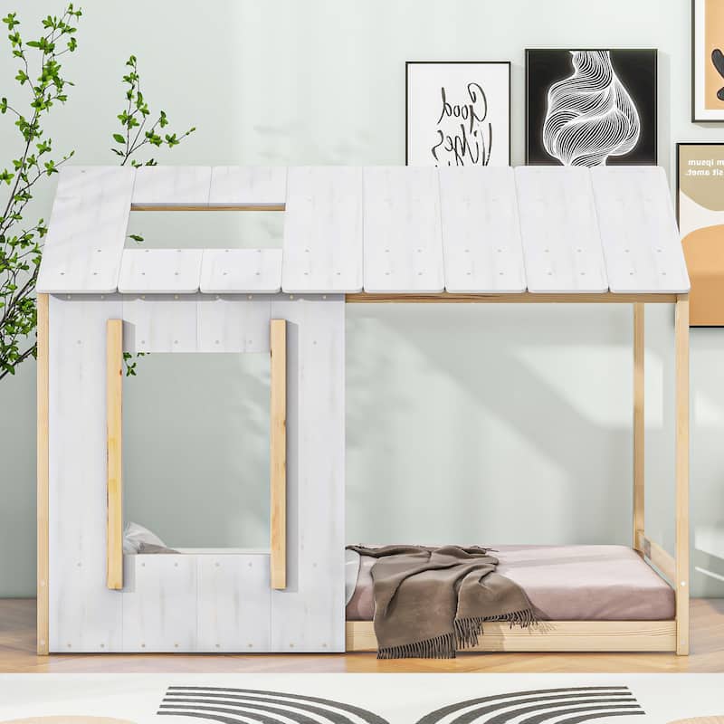 Twin Size House Bed with Roof and Window, Modern Design, Sturdy Pine Wood Frame, Easy Assembly, No Box Spring Needed