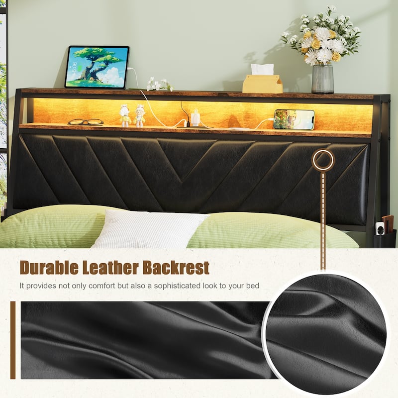 Full Size Platform Bed Frame with 105° Tilted Upholstered Headboard, RGB LED Lighting, Charging Station, Noiseless Design