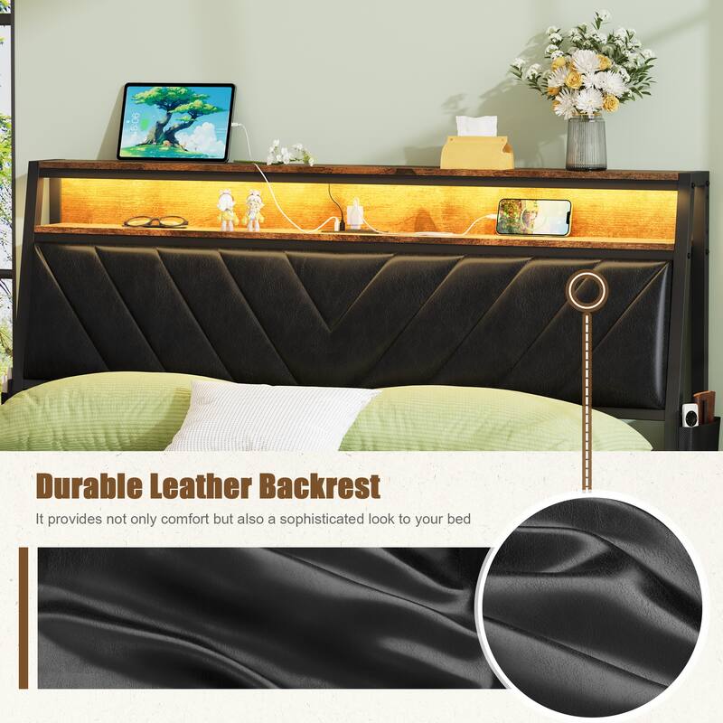 Metal Platform Bed with Storage Shelf Headboard, LED Lights, Charging Station, Noise Free, No Box Spring Needed, Antique Brown