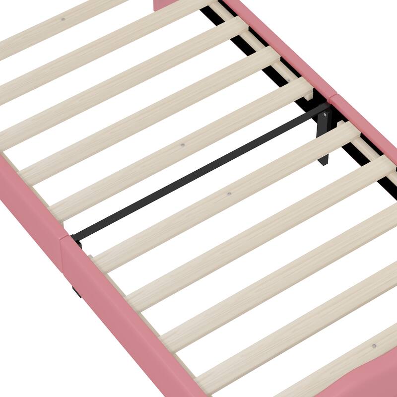 Twin Size Crown Fantasy PU Leather Princess Bed with Tufted Headboard, Pink and Cream