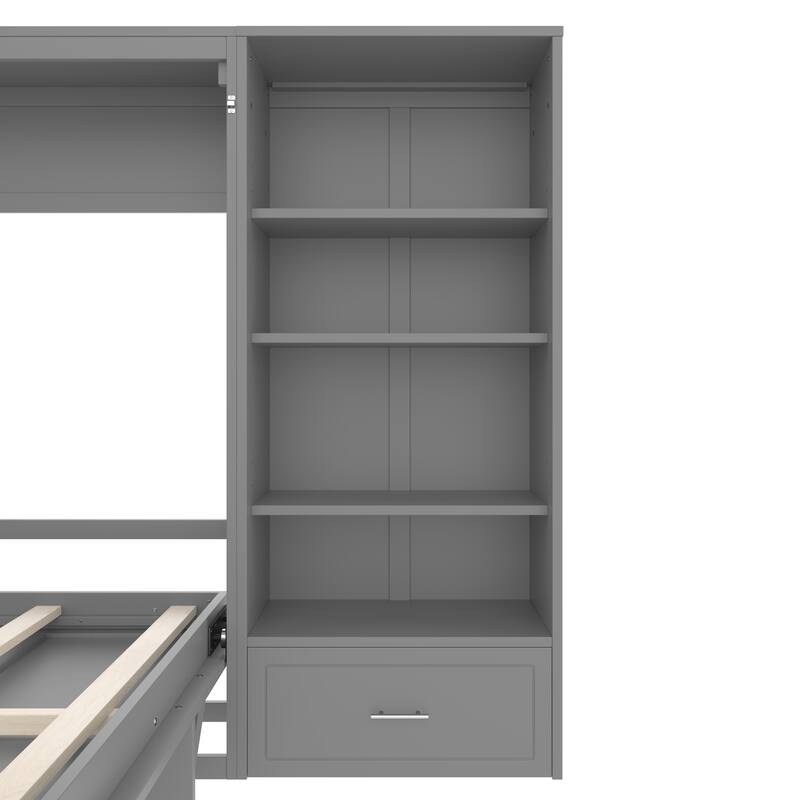 Murphy Bed Foldable Platform Bed Frame Queen Size Wall Bed with Drawer and Storage Cabinet Adjustable Height Compartments Shelf