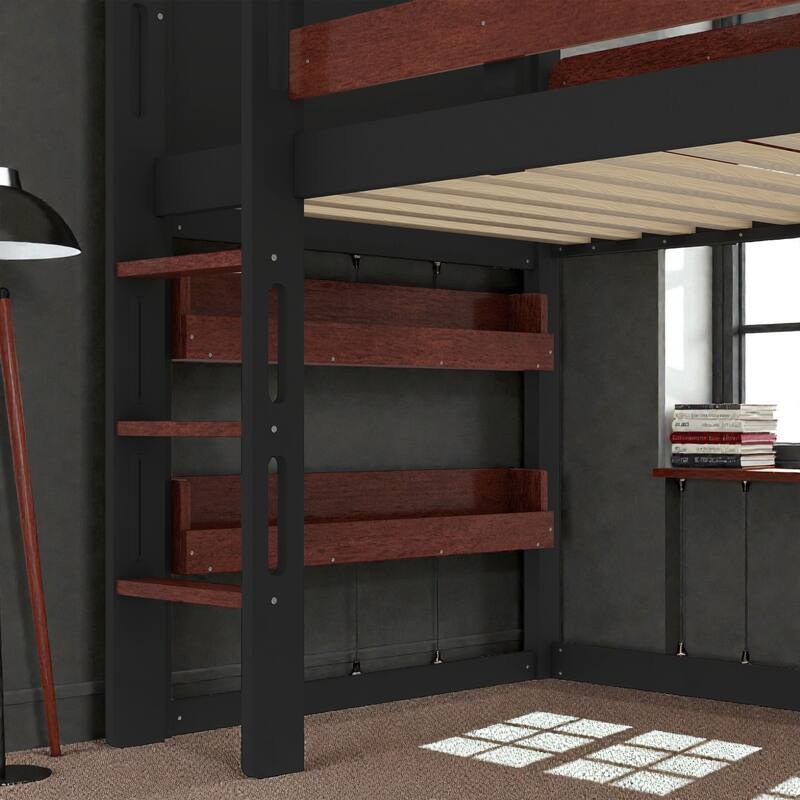 Twin Loft Bed with Slide and Bookshelf, Kids House Bed with Stairs, Safety Rails, Playful Design