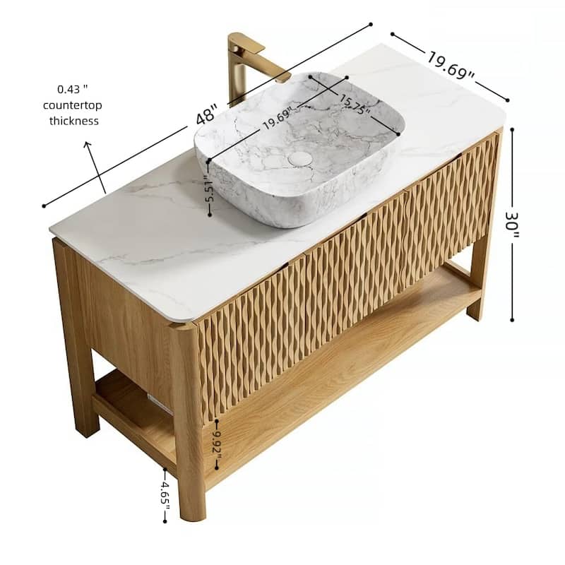 Freestanding Bathroom Vanity in Natural Wood with Carrara White Sintered Stone Top and Vessel Ceramic Basin