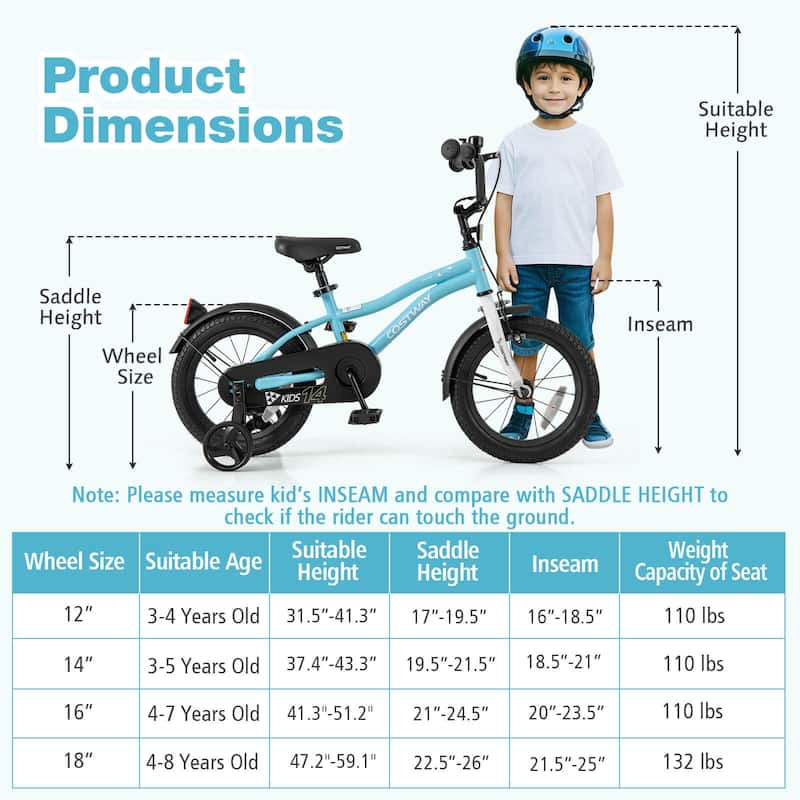 Costway 12"/14"/16"/18" Kids Bike for 3-4 Years Old Boys & Girls with