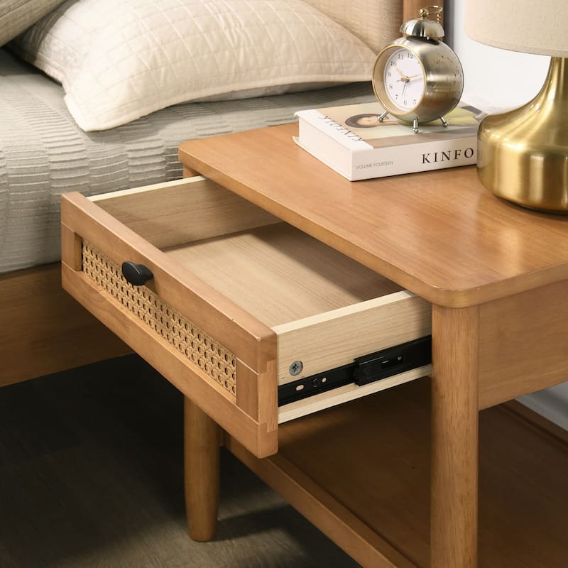 Bedroom Nightstand with Single Drawer, Decorative Table with Open Shelves, Sofa Side Table with Solid Wood Legs