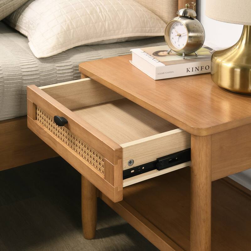 Light Walnut Single-Drawer Nightstand with Shelf and Decorative Woven Pattern