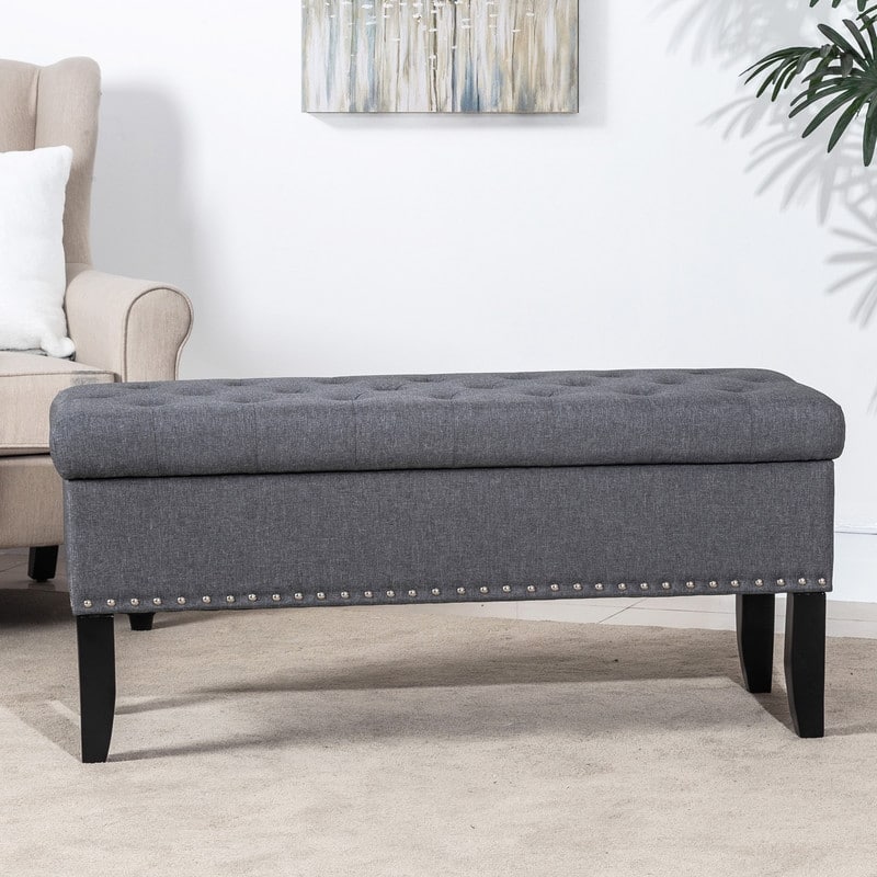 Adeco Dark Grey Storage Ottoman Bench Rectangle Footrest Stool