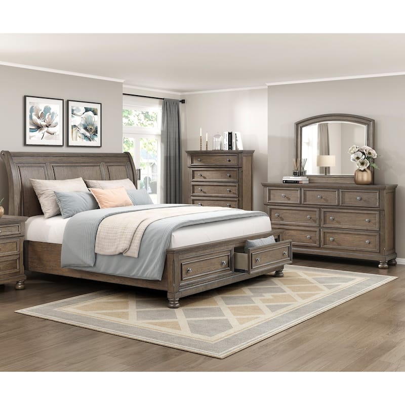 4pc Bedroom Set Classic Style Platform Bed Dresser Mirror Chest Brown Finish