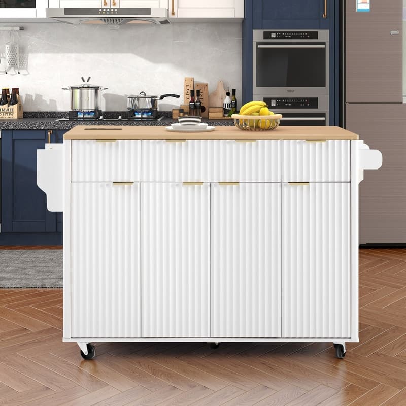 Fluted 55.5" Kitchen Island with Drop Leaf, Rolling Island Table with Drawers, Power Outlet for Functional Kitchen Organization - White