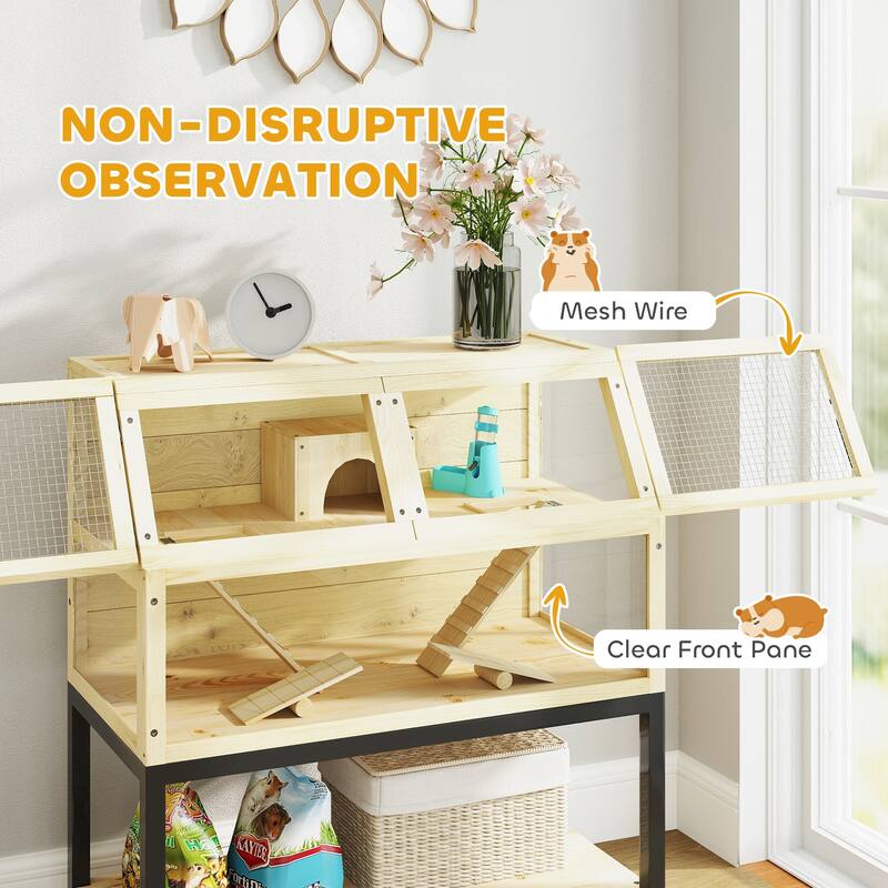 Wooden Hamster Cage with Wheels, Storage Shelf and Accessories - 34.3" W x 16.9" D x 39.8" H